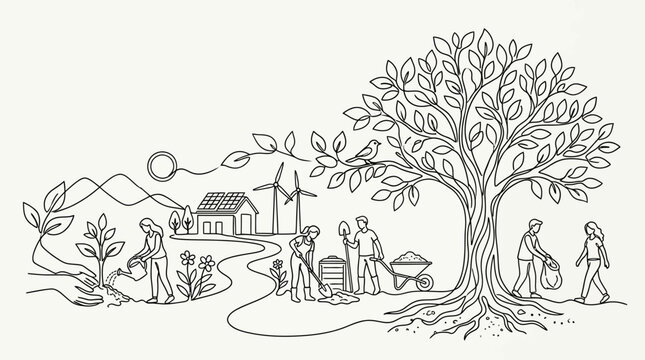 Eco-friendly community planting trees and caring for nature