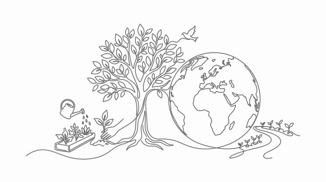 Eco-friendly line art illustration: nurturing nature and global well-being