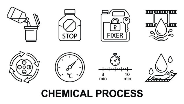 Chemical process icons set for developing film and photographic materials in laboratory with liquids and temperature.