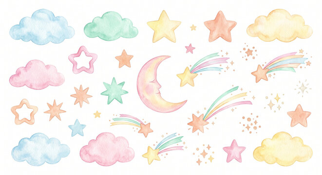 星・雲・月 夜空クリップアートセット 水彩イラスト