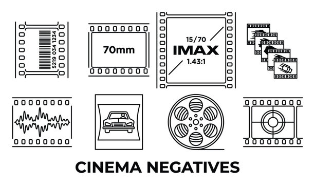 Cinema negative film details icons with different sizes aspect ratios and technical film characteristics.