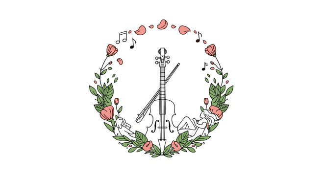 Elegant musical instrument wreath featuring a cello or violin surrounded by delicate flowers leaves and floating music notes for artists.