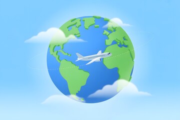 Fototapeta premium Airplane flying around green and blue globe with clouds