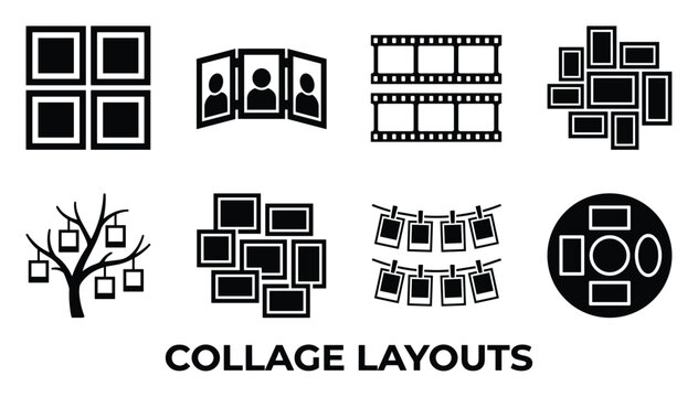 Collage layouts for photos including grids triptych film strips clustered tree and circular frames.