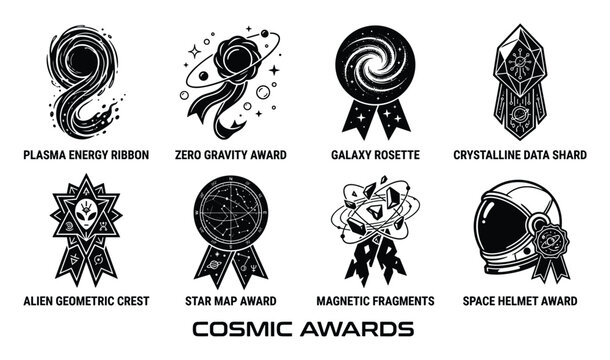 Cosmic awards collection plasma energy ribbon zero gravity award galaxy rosette crystalline data shard alien.