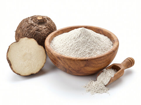 Konjac flour in wooden bowl with fresh konjac root isolated on white background