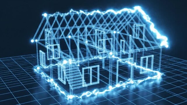 A 3D architectural blueprint of a house, illuminated with glowing blue lines against a dark grid background, showcasing a detailed digital construction model