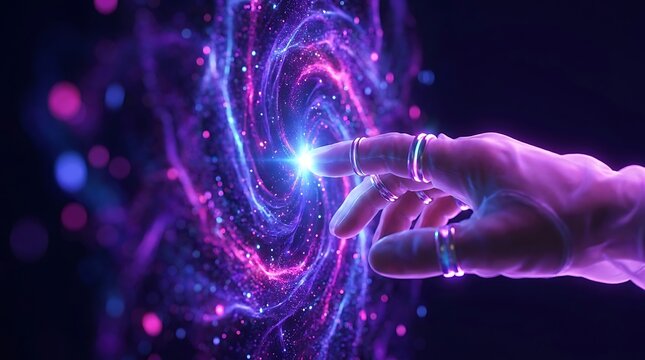 Human hand reaching toward swirling glowing galactic energy vortex with universe abstract discovery exploration mystical