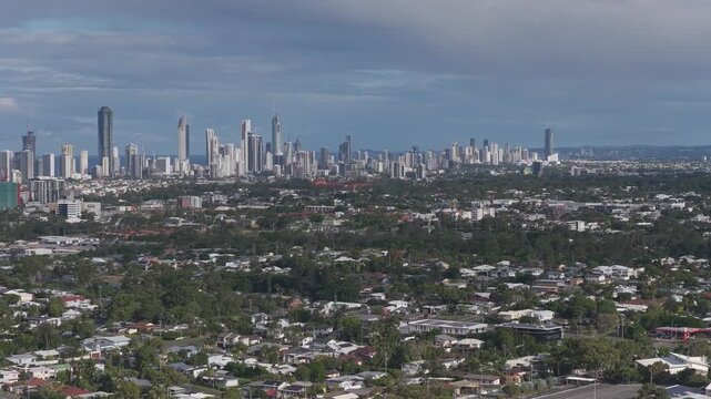 Coastal Skyline Of Surfers Paradise Across Residential Suburb Of Labrador On Gold Coast, Queensland. wide aerial shot