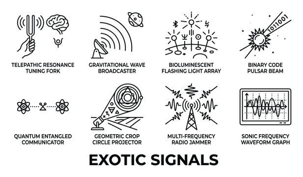 Exotic signals collection with icons for telepathic resonance, gravitational waves, bioluminescence, binary code.