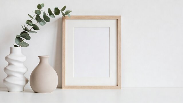  features a minimalist interior design style with a focus on simplicity and elegance. The layout includes a light wooden frame with a blank white canvas, positioned centrally against a plain white wal