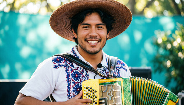 Smiling young hispanic man in traditional clothing playing accordion outdoors / Acordeonista de vallenato