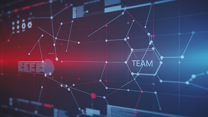 Obraz premium Abstract network visualization with glowing lines connecting nodes, featuring the word 'TEAM' in a hexagonal shape, set against a dark background with red and blue light