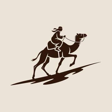 Minimal luxury logo of a Bedouin nomadic rider on a camel running up a desert sand dune, the camel captured mid-gallop with extended legs as it climbs the slope of the dune. 