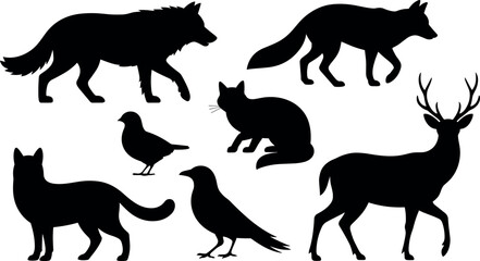 Black silhouette collection of wild animals and birds including wolf fox deer cat and crow icons isolated on white background © BIPUL