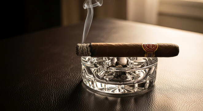 Cigar burning in glass ashtray on textured table with smoke rising