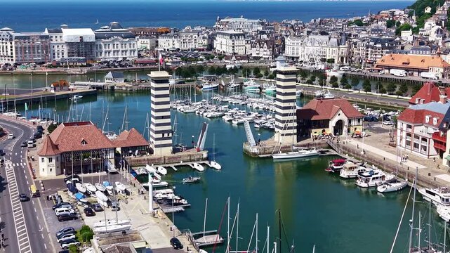 Marina entrance in Deauville, France. Aerial drone