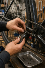 Obraz premium Mechanic repairing bicycle chain in workshop with tools
