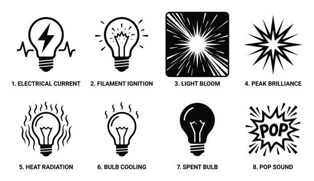 Light bulb process and status icons electrical current ignition light heat cooling spent pop.