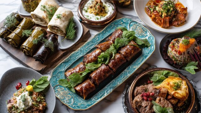 Luxurious Armenian feast table with khorovats, dolma, lavash, basturma, gata, fresh herbs, and traditional dishes arranged elegantly under bright natural light