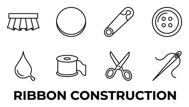 Ribbon construction collection accordion circle safety pin button drop thread spool scissors needle thread outlines.
