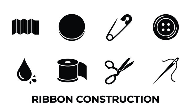 Ribbon construction collection folded paper circle safety pin button water drop thread spool scissors needle.