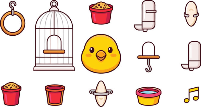 Pet Bird Accessories Vector Icon Set Featuring Cage, Feeder, Waterer, Cuttlebone, Swing Toy, and Cute Canary Chick Face Isolated on White Background