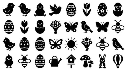 Obraz premium Versatile set of black silhouette icons for spring and Easter, showcasing adorable chicks, patterned eggs, flying birds, and blooming flowers, perfect for holiday designs