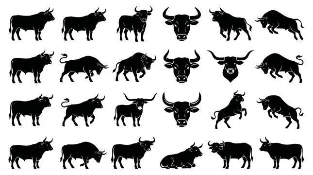 Comprehensive collection of bull silhouette designs, showcasing powerful animals in various dynamic poses and detailed head illustrations, perfect for impactful graphic elements
