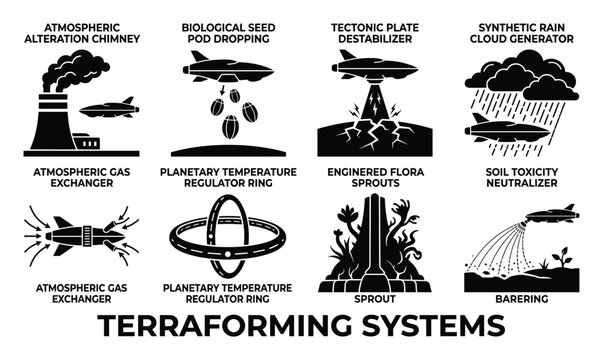 Terraforming systems vector icons illustrating atmospheric changes and planetary engineering for new worlds.