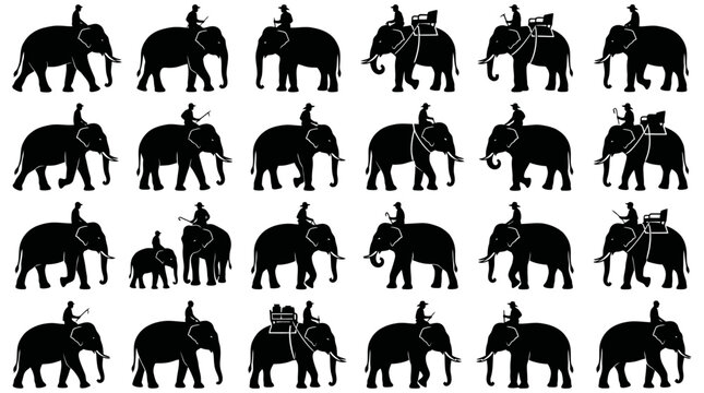 A collection of black elephant silhouettes with riders on their backs, depicted in a repetitive pattern across the frame