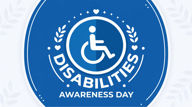 Disability awareness day blue badge with white icon and text on leaf patterned background for accessibility and inclusion campaigns
