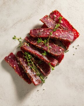 Premium Armenian basturma cured beef slices garnished with fresh herbs and spices, elegantly arranged on a light neutral background for gourmet food presentation