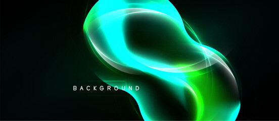 Naklejka premium Abstract glowing shapes, vibrant green hues, dark background. Dynamic composition creates futuristic feel. Smooth gradients, elegant design.