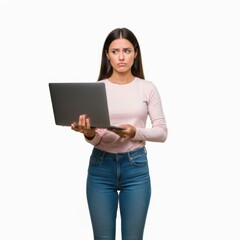 Fototapeta premium Woman holding black tablet with focused expression isolated on white background