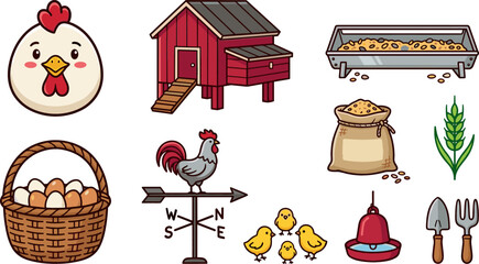 Poultry Farming Vector Icon Set Featuring Chicken Coop, Egg Basket, Cute Chicks, Weather Vane, Feed Bag, Trough, and Agriculture Tools © Borsha