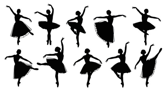 Silhouettes of dancing ballet women performing.