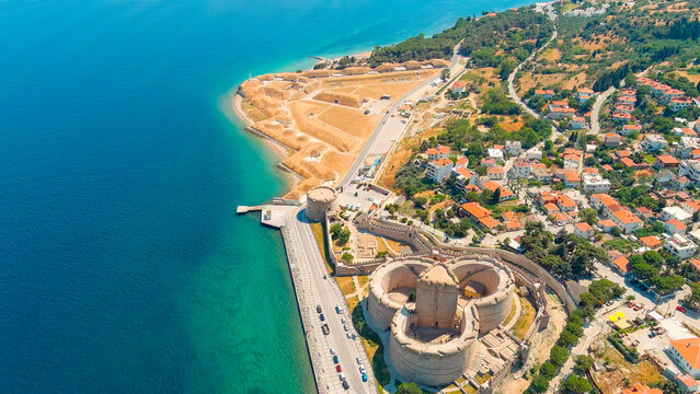 Kilitbahir, Turkey. Kilitbahir Castle, a distinctive clover-shaped Ottoman fortress, with the Namazgah Bastion visible in the background. Aerial View