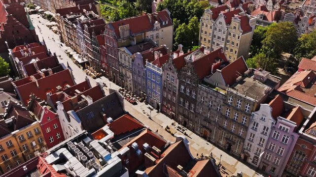 Drone footage revealing stepped gables and historic Hanseatic streets in Gdansk