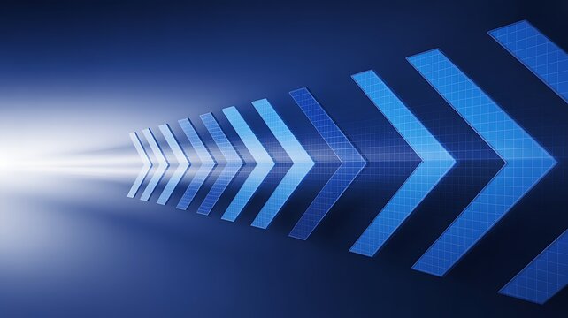 A futuristic abstract background showcases a row of blue arrows pointing rightward with radiant light emanating from the left side.