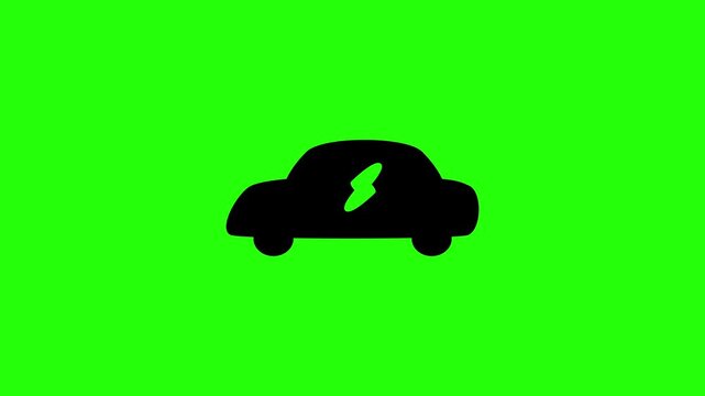 Clean 4K horizontal video showing a passenger electric vehicle sedan silhouette with a lightning power crest bouncing. High quality popup graphic for modern zero emission battery transportation commer