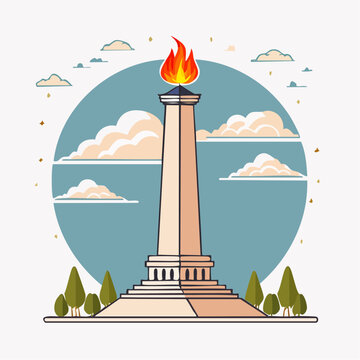 Monumen Nasional (Monas) with Flame and Clouds Illustration