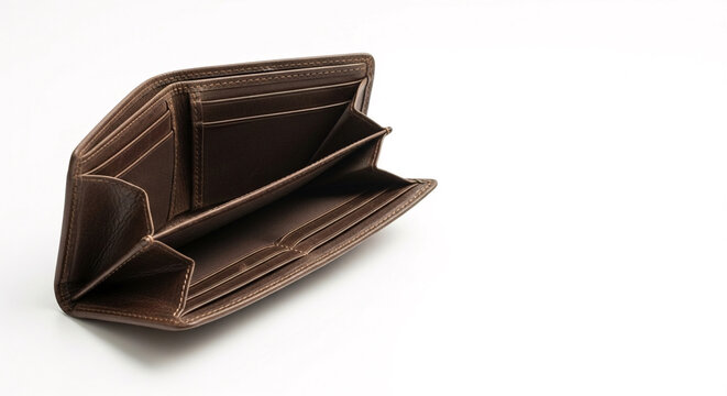 Brown leather wallet open and empty on white background, symbolizing financial hardship.