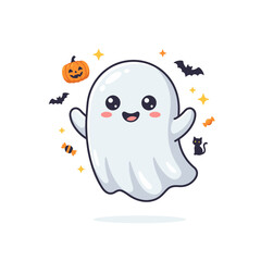 Obraz premium Cute ghost flat vector illustration, friendly floating ghost character with playful expression, isolated on white