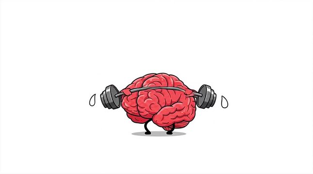 Cartoon brain character in vibrant red, lifting a black barbell. The brain has exaggerated muscular features, small arms and legs, and sweat droplets around it.