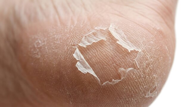 Dry cracked heel with peeling skin and calluses, macro photography of damaged human foot skin needing dermatological treatment Dehydrated flaky skin texture on a person's heel