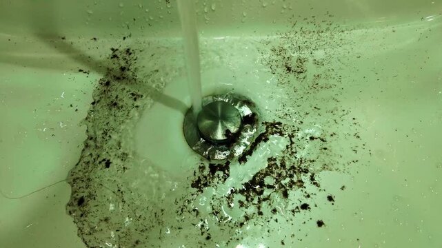 Close view of beard hair rinsed away with flowing sink water