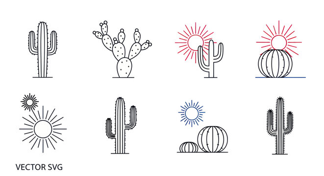 Cactus plant desert flora icons set.