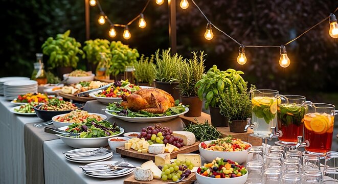 Outdoor buffet spread with diverse food drinks and decorative string lights