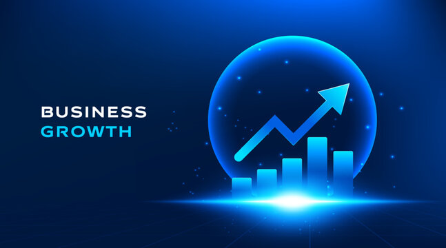 Business growth technology background with rising chart, glowing arrow and futuristic blue analytics design. Abstract vector banner for presentation, finance, investment, startup and corporate success